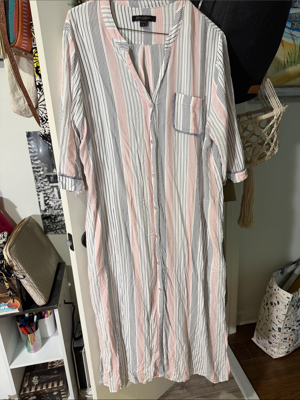Donna Karan Pink, White & Gray Striped Long Button-Front Nightshirt